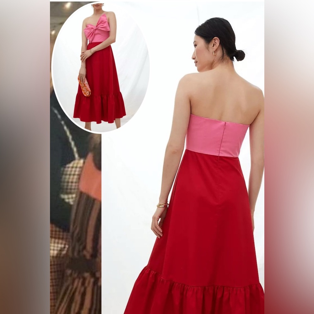 Elegant Red and Pink Strapless Dress with Pink Large Bow at the front, Sz L